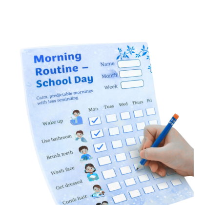 Blue children’s school morning routine checklist with illustrated steps and a hand checking off tasks.