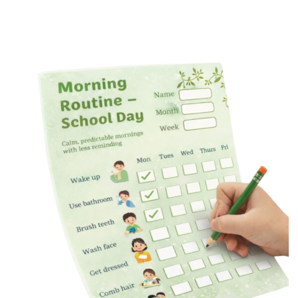 Green children’s morning routine checklist for school days with illustrated tasks and a hand marking checkboxes.