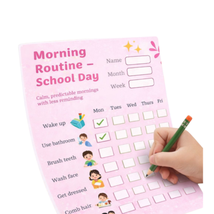 Pink kids’ morning routine checklist chart with playful icons and a hand marking completed tasks.