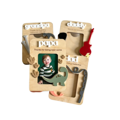 Wooden personalized photo frames with dinosaur theme for dad, papa, grandpa, and daddy