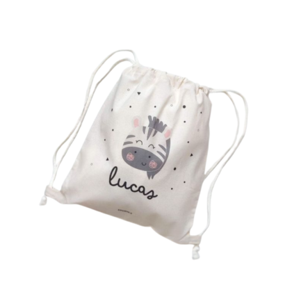 Personalized kids drawstring bag with zebra illustration and the name Lucas