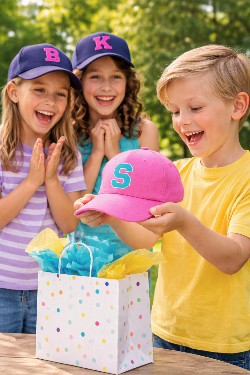 Children excitedly opening a gift bag and holding a pink cap with the letter S while wearing lettered hats outdoors.