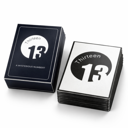 Premium card game box and deck mockup with “Thirteen 13” design on a clean background