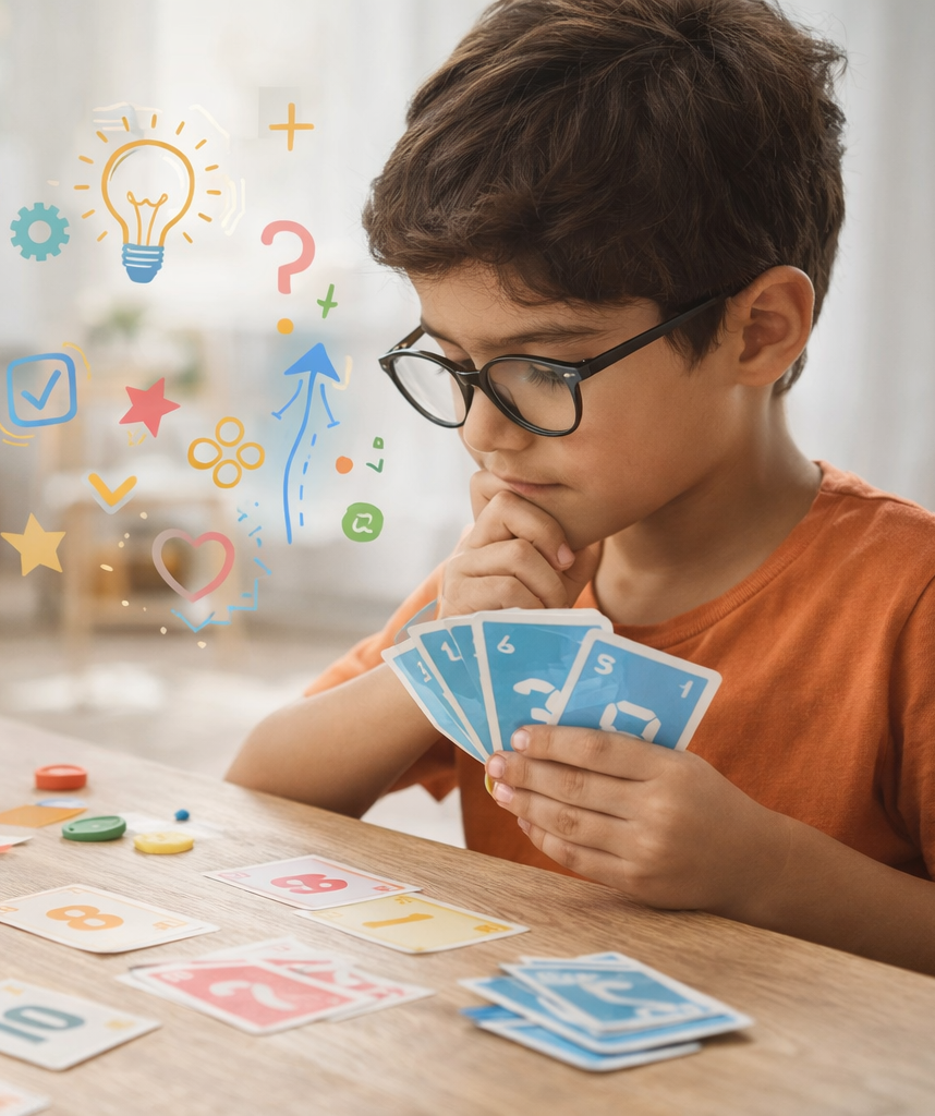 Young boy playing card game and thinking with focus at home