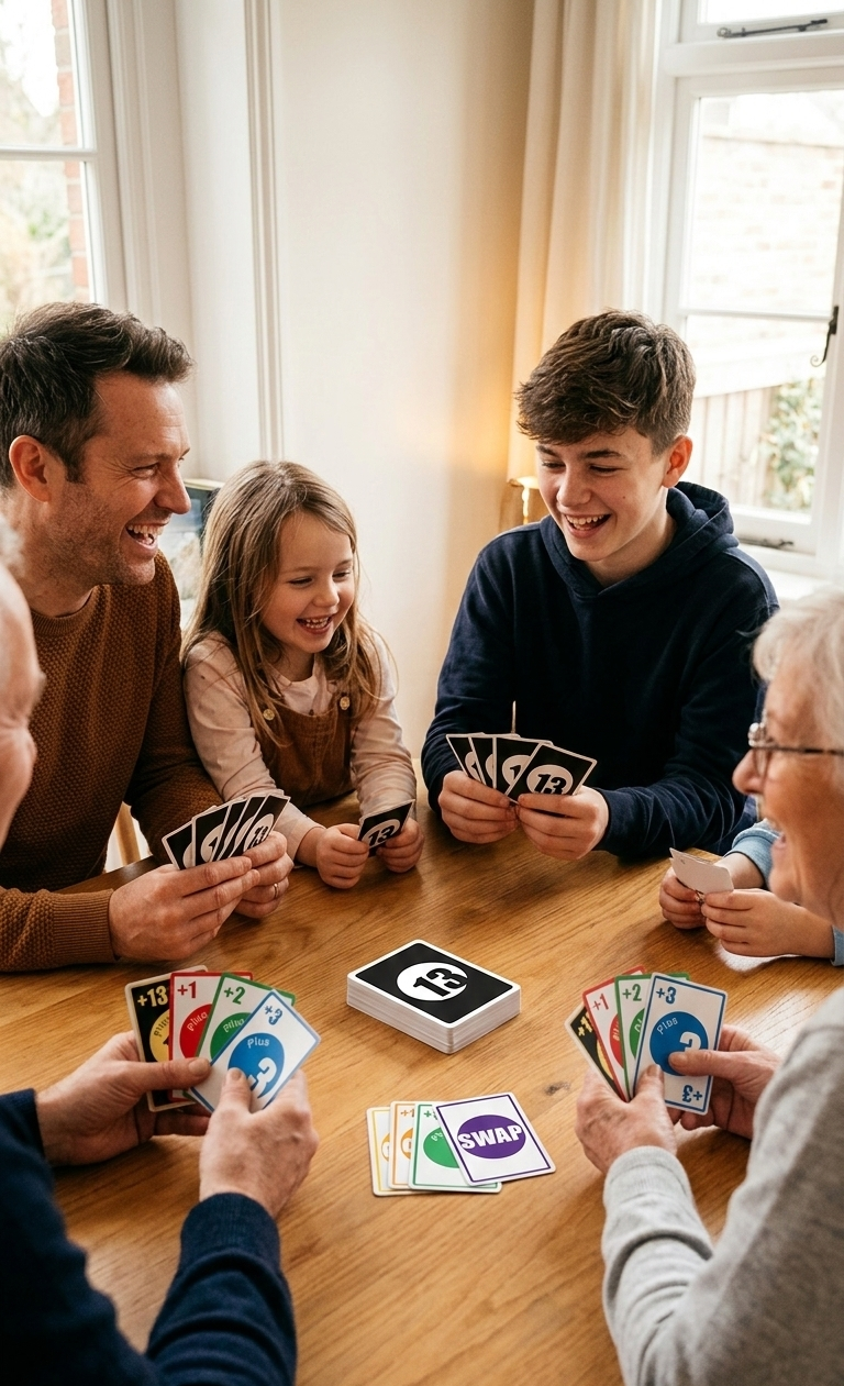 Family playing a card game together at a table with a “13” themed card game box.